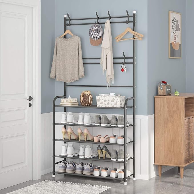 UDEAR Entryway Coat Rack,3-in-1 Hall Tree Multifunctional Storage Shelf with 5-Tier Shoe Bench and 8 hooks,20-25 Pairs of Shoes,Easy Assembly,for Entrance Foyer Bedroom Barthroom,Black