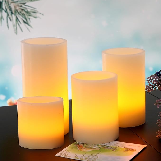 CANDLE CHOICE Battery Operated Flameless Candles with Timer Real Wax Realistic Flickering Electric LED Pillars Decorative Lights for Home Wedding Halloween Thanksgiving Christmas Decorations 4 Pack