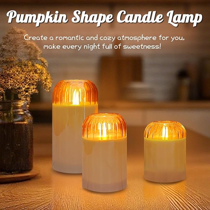 3Pcs LED Candle Set Rechargeable with Remote Control,Grey Glass Flameless Candles,Candle Lights for Home Decor, Bedroom, Bathroom Accessories，Pumpkin Fake Candles for Halloween