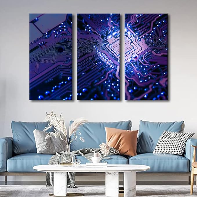 Black and White Wall Art Motherboard Digital Chip Artwork Wall Decor 3 Piece Circuit Board Pictures Canvas Wall Art Contemporary Art CPU Concept Posters and Prints Framed Ready to Hang(40"Wx60"H)