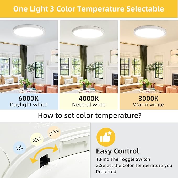 4PK 12 Inch LED Flush Mount Ceiling Light, 24W, 2520LM,3000K/4000K/6000K CCT Selectable, Round Flat Panel Low Profile Ceiling Light Fitures for Hallway, Kitchen, Bedroom, Laundry Room,White