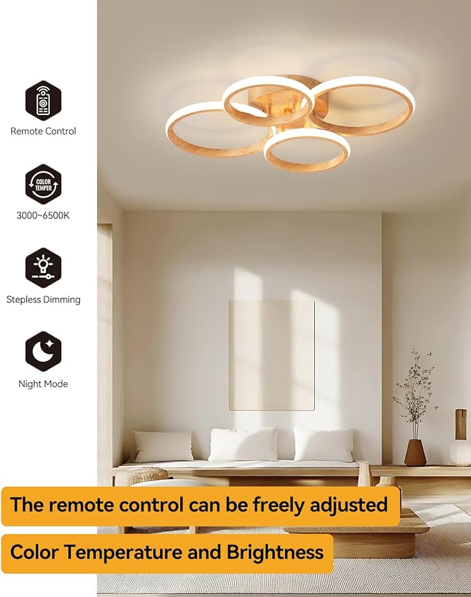 Dimmable LED Semi Flush Mount Ceiling Light Fixture with Remote Control 3-Color Dimming Circle Modern Light, Close to Ceiling Bedroom Kitchen Hallways Balcony Corridor Lamp (4 Ring LightWood)