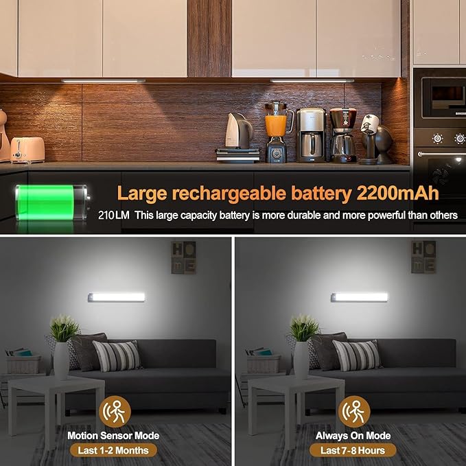 Under Cabinet Lights, Dimmable 60 LED Motion Sensor Light Indoor 2 Pack- Wireless USB Rechargeable, 3 Color Magnetic Closet Light for Kitchen, Wardrobe Storage