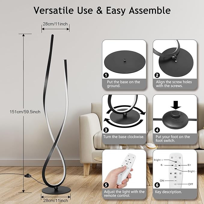 NUÜR Modern Spiral LED Floor Lamp, 59" Ultra-Bright Black Standing Lamp with Remote Control, Arched Floor Lamp for Living Room, Bedroom, Home, Office