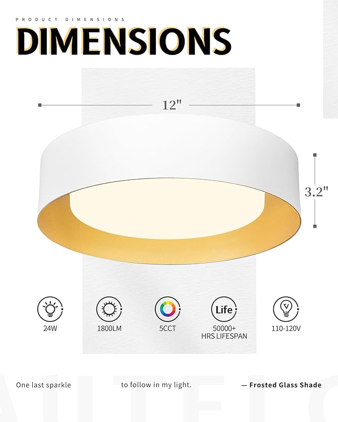 AUTELO 12" Flush Mount Ceiling Light, 5CCT LED Light Fixtures Ceiling Mount, Modern Ceiling Light with Frosted Glass in White Metal Finish for Bedroom Hallway, C3336-29 WH LED