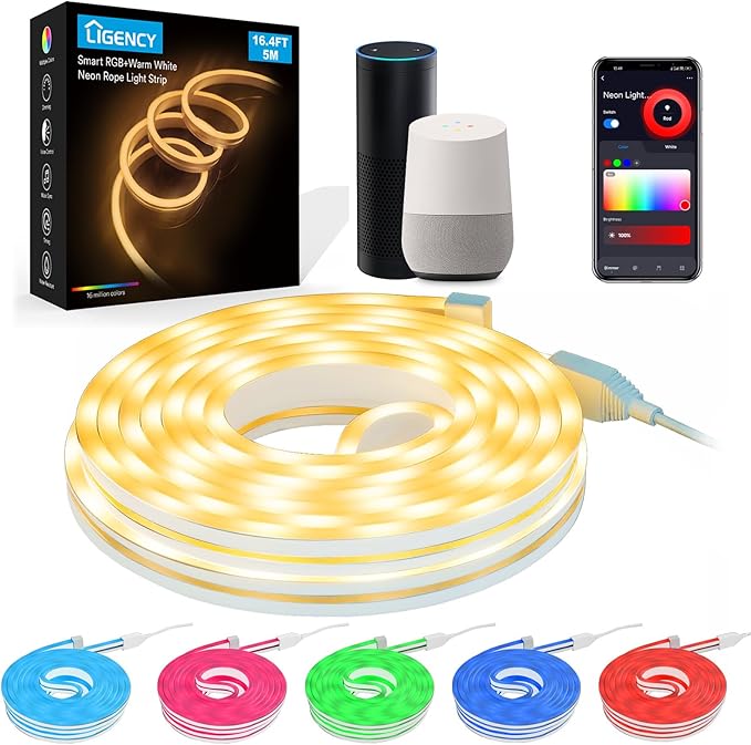 Ligency Smart Neon Rope Lights with Alexa - 16.4FT Ultra Bright RGBW LED Strip, Plug-in Adapter Powered, IP65 Waterproof Flexible Neon Lights with App Control & Music Sync, DIY Decor