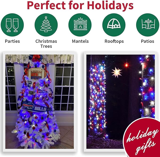 LAMPHOME 33ft Red White Blue String Lights, 100 LED 4th of July Patriotic Fairy Lights Plug in, 16 Lighting Modes Starry Lights for Outdoor Tree Independence Day Memorial Day Party Decor