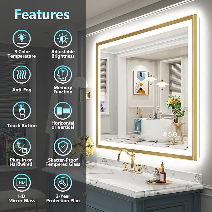 48x28 Gold Beveled LED Bathroom Mirror with Lights, Brushed Gold Framed Backlit and Front Lit Anti-Fog Lighted Vanity Mirrors for Bathroom Wall, Dimmable, 3 Colors, Memory, HD Tempered Glass