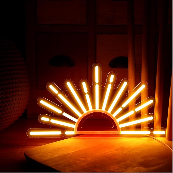 Ganeen Orange Sunrise Sunset Neon Sign Boho Wall Art Neon Lights for Bedroom Sun on The Horizon LED Signs Wall USB Night Room Decor for Living Room, Kitchen, Bathroom, Office Decor, Christmas Gifts