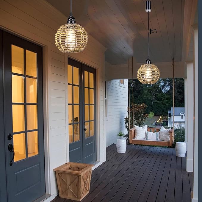 Battery Operated Hanging Pendant Lantern Lights, Outdoor Chandelier Light with Warm White LED Bulb, Handwoven Seagrass Ball Shade, Brightness Timer Adjustable for Patio Tree Pergola Gazebo Porch-2Pack