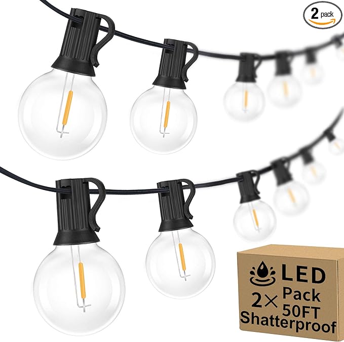 100ft 2-Pack Outdoor G40 LED Globe String Lights Dimmable Waterproof Shatterproof Light Strings with 52 Bulbs Connectable Commercial Hanging Lights for Christmas Patio House Backyard Balcony Party