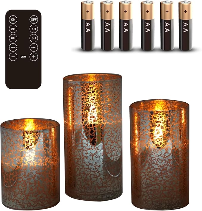Silver Mercury Crackle Glass Flameless LED Pillar Candles Set of 3 – Warm White Flicker, Remote & Timer, Batteries Included, for Spring Weddings, Home Decor & Romantic Ambiance