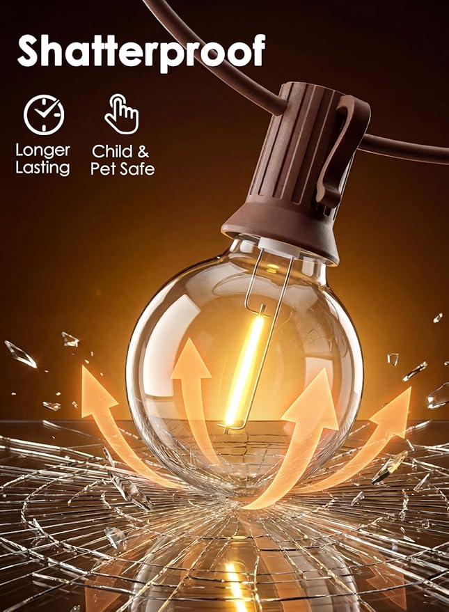 SUNSGNE 25FT Brown Outdoor String Lights, Shatterproof LED Globe String Lights with 25 G40 LED Bulbs, Waterproof Connectable Hanging Light for Backyard Patio Porch Balcony Party Decor, E12 Base