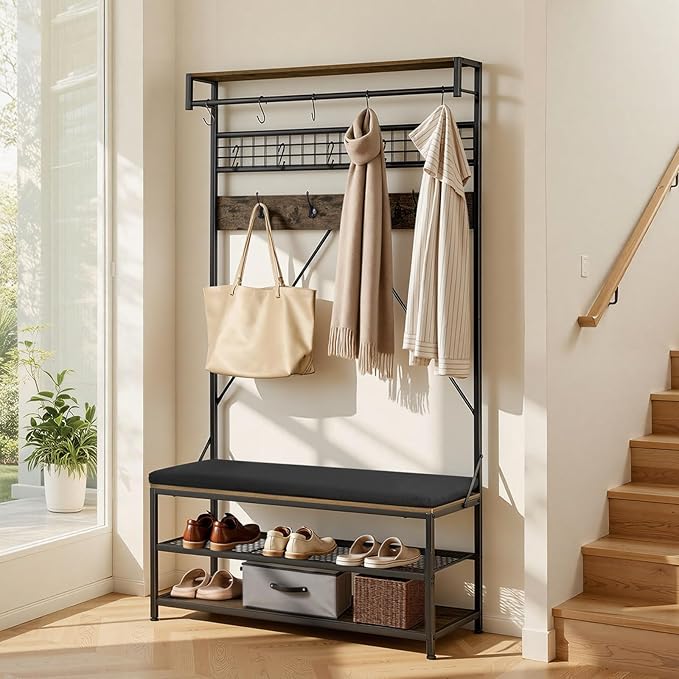 VEVOR Hall Tree with Bench and Shoe Storage, 2 Tier Entryway Bench with Coat Rack, Shoe Rack Storage Organizer with Soft Cushion, Hooks and Hanging Rod for Entryway, Hallway