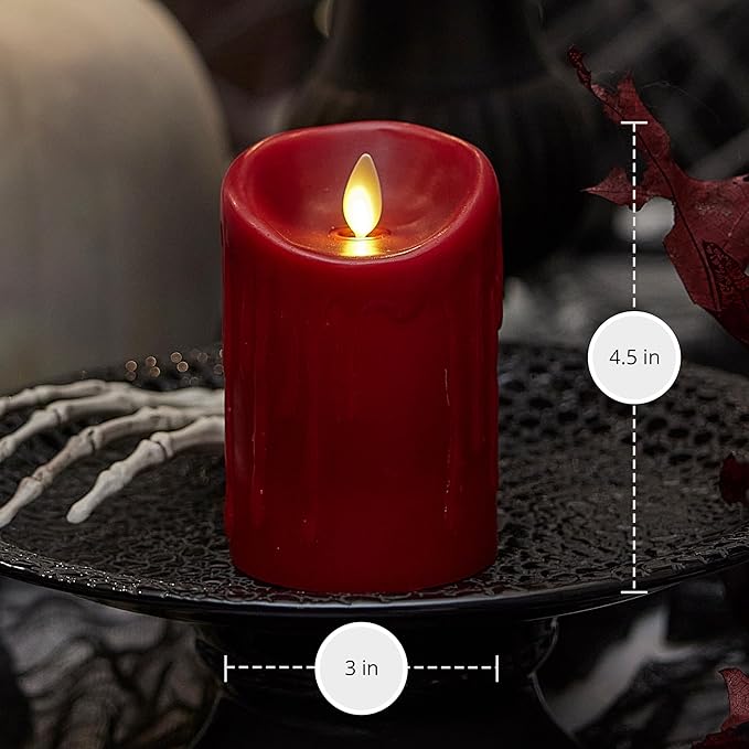 Luminara Wax Drip Flameless LED Candle, Burgundy 3" x 4.5", Timer Function, Real Wax Pillar, Battery Operated Unscented Safe, Long-Lasting