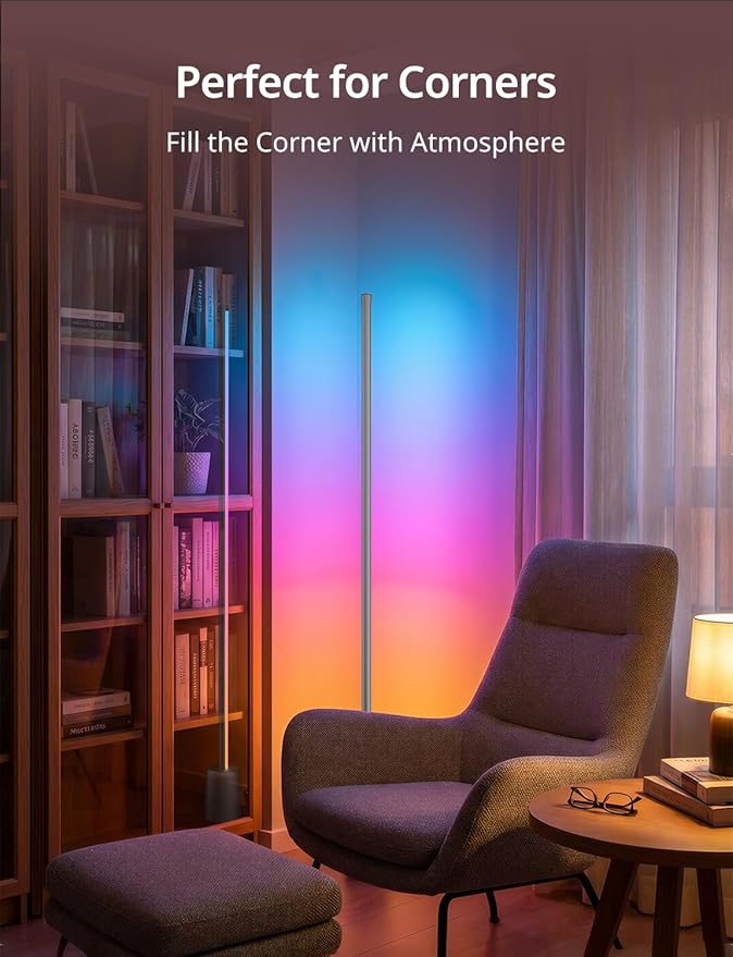 Ailofy Corner Floor Lamp, 1500lm RGBW LED Lamp, Alexa & Google Assistant Compatible, 16 Million DIY Colors, Music Sync, App Control, Modern Smart Floor Lamp for Living Room, Bedroom, Silver Grey