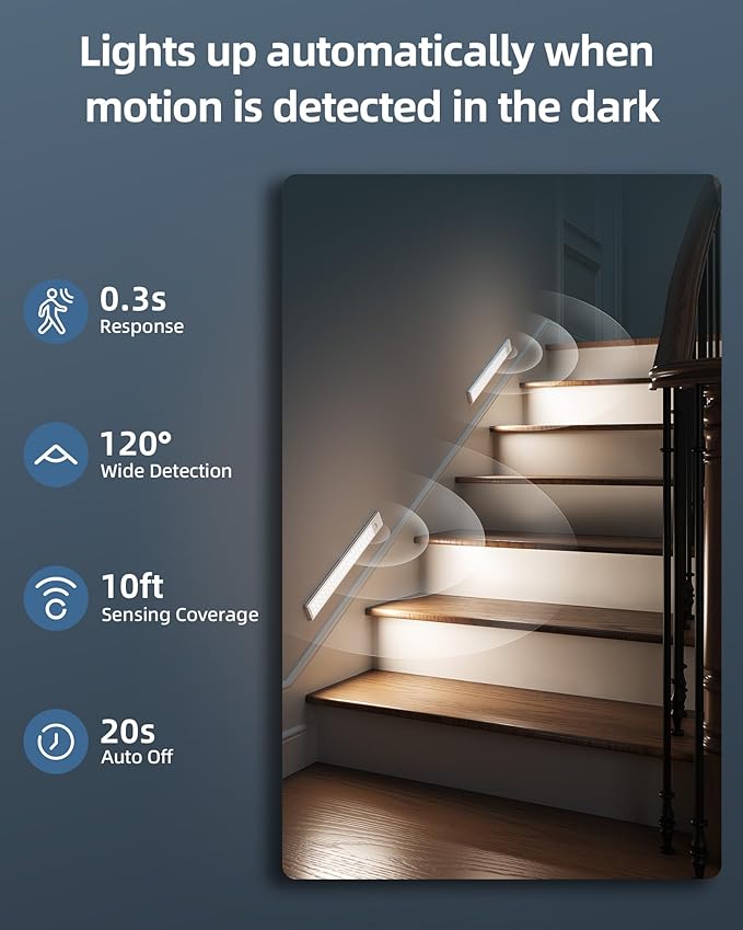 12inch Under Cabinet Lights, Motion Sensor Light Indoor 2200mAh Rechargeable Battery, Wireless, Magnetic, 5 Levels Dimmable Closet Lights, Under Counter Lights for Kitchen, Bathroom (2 Pack)