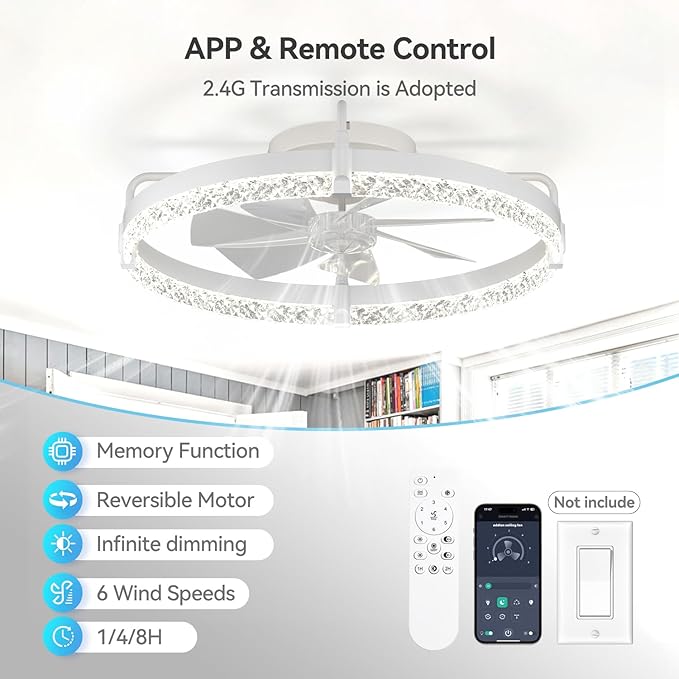 addlon Ceiling Fans with Lights and Remote, 24'' Low Profile Ceiling Fans, 3000-6000K Dimmable Modern Flush Mount LED Fan Light, Fandelier Ceiling Fan for Bedroom, Kitchen, Living Room, Crystal White