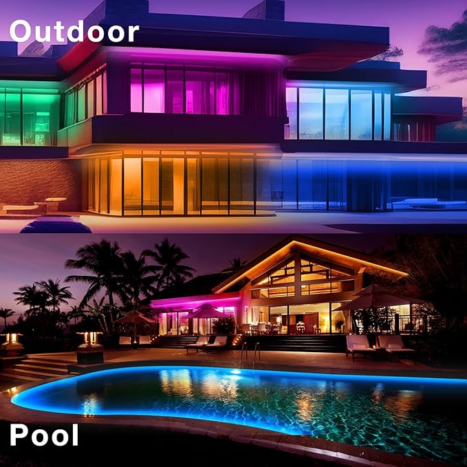 DAYBETTER 100ft Outdoor LED Strip Lights, Waterproof, IP67 Outdoor LED Lights with Remote, Bluetooth APP Control, Color Changing LED Rope Lights for Bedroom, Bathroom, Roof, Balcony, Pool