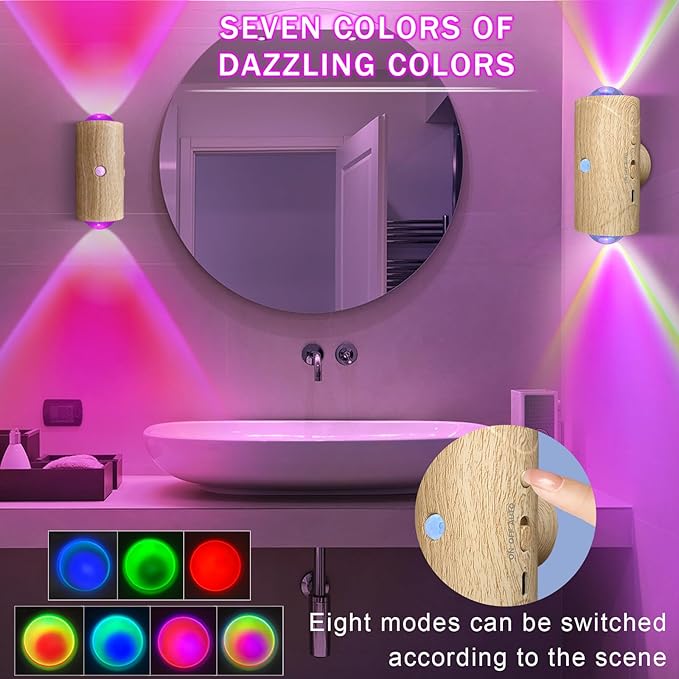 LED Wall Mounted Lights 2 Pcs,Battery Operated Wall Sconce with Motion Sensor, Up/Down Lighting Design 1500mAh Rechargeable Cordless Wall Lights for Indoor Bedroom Hallway (Light Wood Color)
