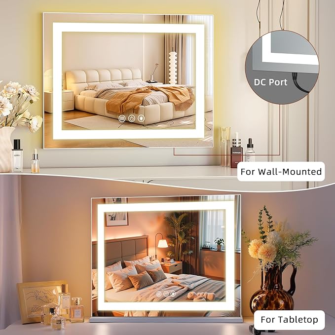 FENCHILIN Vanity Mirror with Lights, 22" x 19" Backlit + Front Lit Hollywood Makeup Vanity Mirror LED Strip with 3 Colors Modes Smart Touch for Dressing Room & Bedroom White