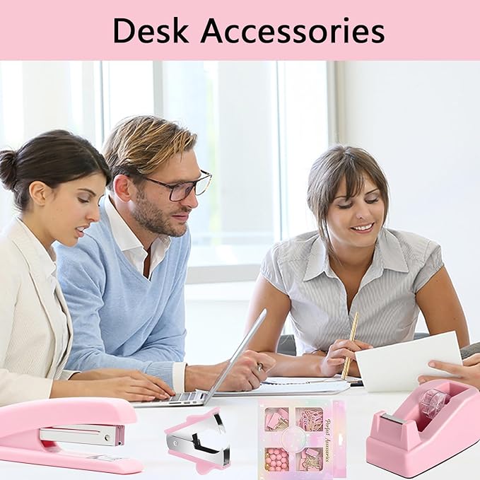 suniya Office Supplies,Desk Accessories,Tape Holder,Stapler,Scissor,Staple Remover,Box of Binder Clips,Staples,Ballpoint Pen,Sticky Notes,Clear Tape,Ruler,Office Supplies Set Pink