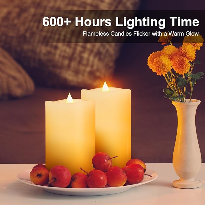 2PCS, 3 x 5 inches Flameless Candle with Remote Control, 3D Flickering Wick, Real Wax,with Timer,Battery Operated Candles,for Holiday Home Decor,Ivory
