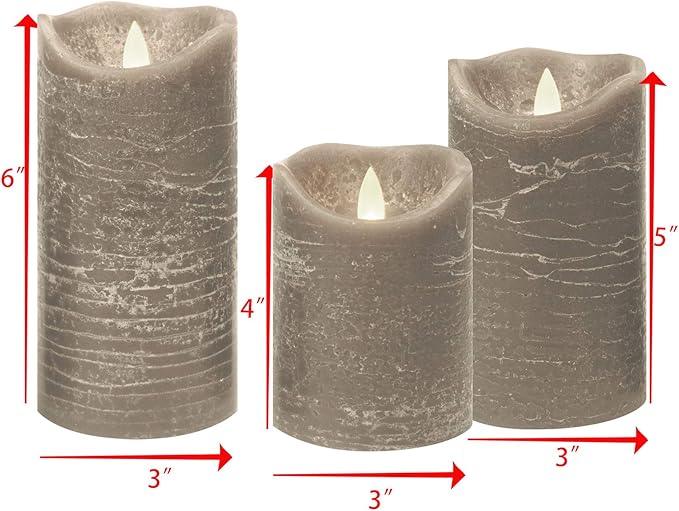 Candle Choice Battery Operated Flameless Candles with Timer Real Wax Realistic Flickering Electric LED Pillars Automatic Built-in Daily Cycle Timer 6-Hour on 18-Hour Off Set of 3 Rustic Texture Gray