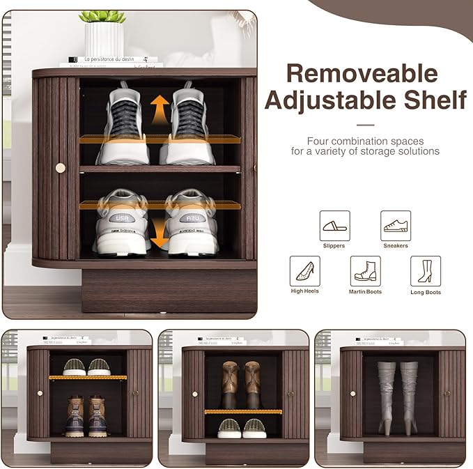 31.5" W Sliding Door Shoe Storage Bench, Small Entryway Shoe Cabinet with Adjustable Shelf, Space-Saving Wooden Low Cabinet for Hallway, Living Room, Apartment, Dorm, Walnut