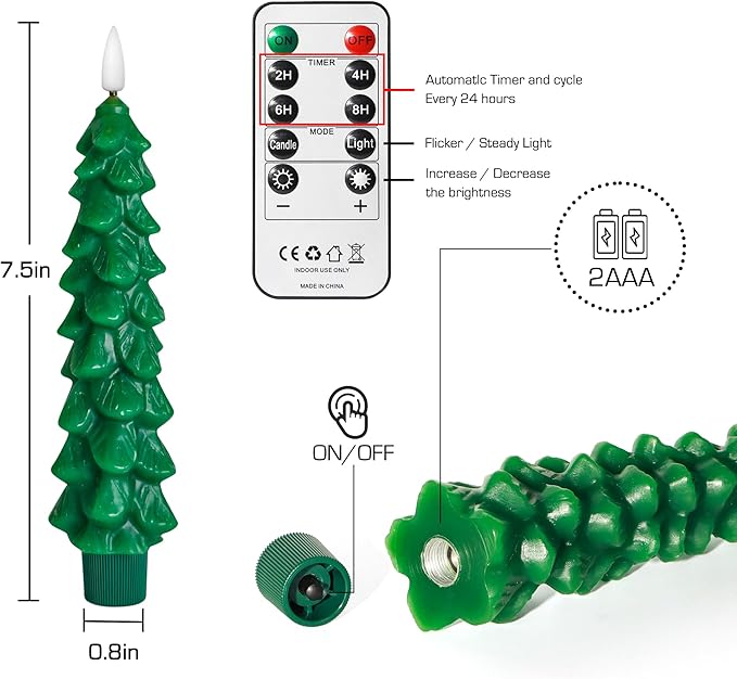 Christmas Tree Taper Candles with Remote & Timer, Flameless Christmas Tree Wax Battery Operated Green Tree LED Candle for Christmas Home Decor (3pcs,7inch)