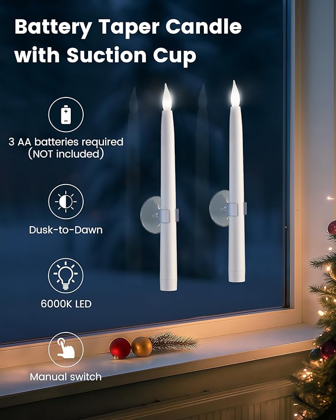 SURAIELEC 10.5'' Battery Window Candles with Suction Cups, Dusk-to-Dawn Christmas Window Candles, 5000K Cool White, Flameless LED Candle for Windows, 6 Pack (Rechargeable Battery Not Compatible)