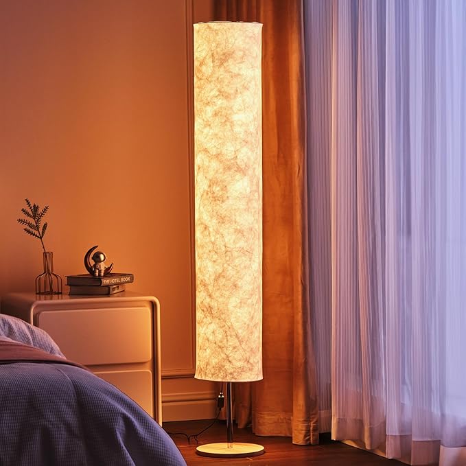 58" Modern Floor Lamp with Tyvek Fabric Shade 3000K Warm White LED Slim Standing Light,Column Cylinder Paper Lantern Floor lamp for Living Room, Bedroom, Game Room