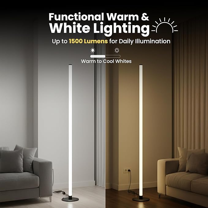 Smart RGBIC Corner Floor Lamp with App & Remote Control, Music Sync LED Ambient Light,16 Million DIY Colors,1500 Lumens 80+ Scenes, Color Changing Standing Lamp for Living Room, Bedroom & Gaming Setup