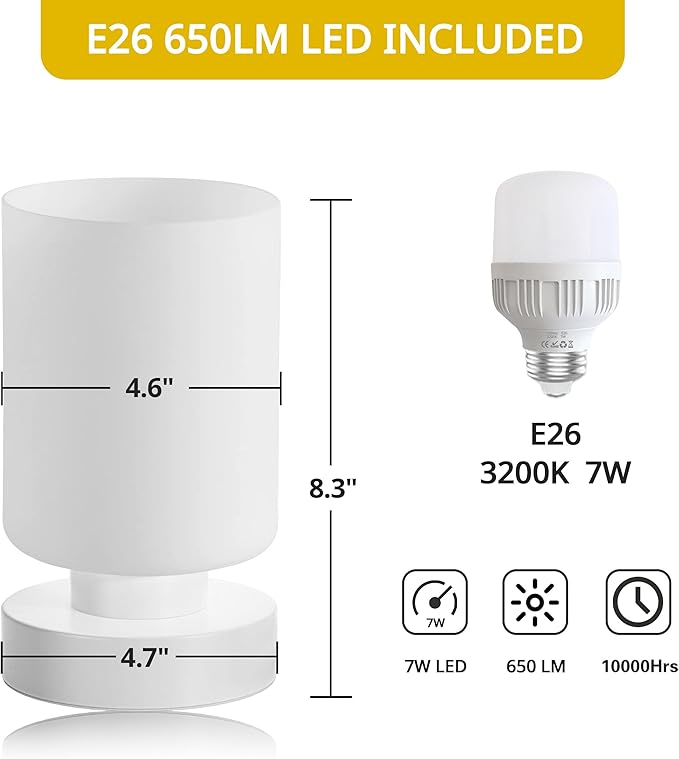 Touch Bedside Lamp, Mini Stepless Dimmable Table Lamps for Bedroom for Night Stands, Small Desk Lamp with Brightness Memory, USB Charging Ports, Warm LED Bulb, White, Cylindrical Shape, 2 Set