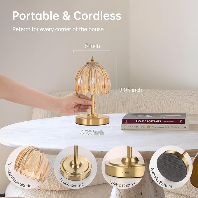 Tulip Small Table Lamp, 5200mAh Cordless Touch Control Mini Table Lamp with 3 Color Temps & Stepless Dimming, Perfect for Small Spaces Like Dressers, Bedsides, Bookshelves (Amber Tulip)