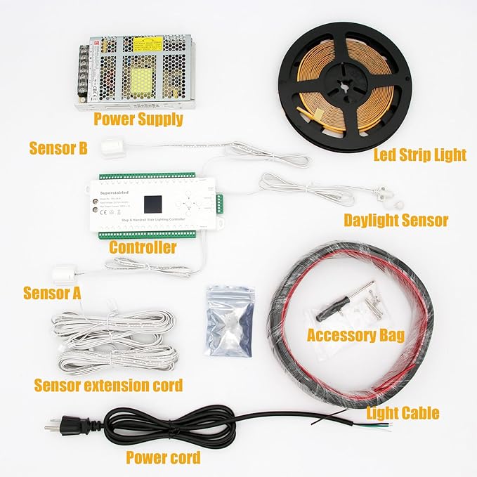 Motion-Activated LED Stair Lighting Kit with Daylight Sensor SSL-5616, Supports up to 16 Steps × 40" Cuttable 3000K COB Strip Lights for Indoor LED Stair Lights