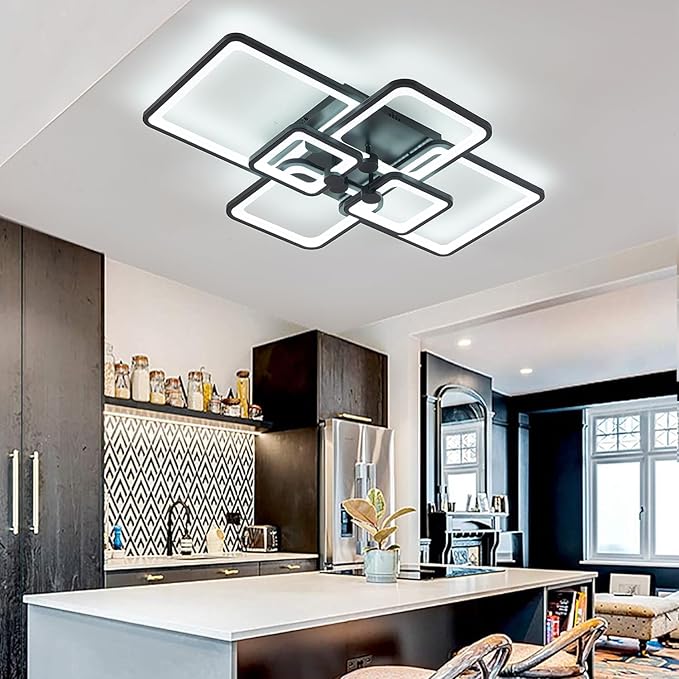 Modern LED Ceiling Light,6 Square Acrylic Black Modern Lighting Fixture Ceiling Lights for Living Room,Dimmable Lamp with Remote for Dining Room, Flush Mount Bedroom Light Fixture
