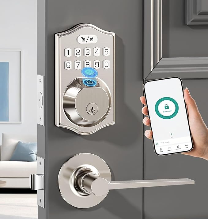 keyless Entry Door Lock deadbolt with Handle Set- Front Door Fingerprint Smart Locks with 2 Lever Handles-Keypad Code Deadbolt -App Control,Auto Lock,Easy to Install