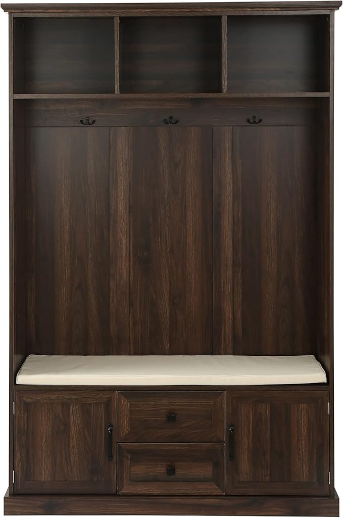 RUNNA Wooden 3-in-1 Hall Tree with 2 Cabinet and 2 Drawers,3 Open Shelves and 3 Hooks,Coat Hanger and Storage Bench,for Livingroom Hallway Entryway Use (Tiger@Hanger)