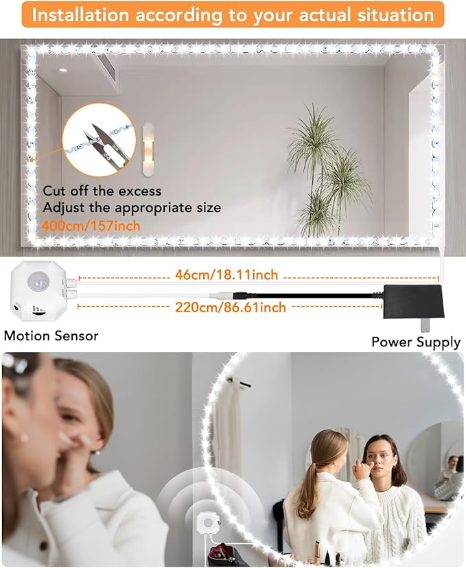 Daymeet Motion Sensor Led Vanity Mirror Lights, 13ft Motion Activated Led Lights for Mirror, Adjustable Color & Brightness Flexible Strip Lights for Mirror, for Makeup Vanity Table & Bathroom Mirror