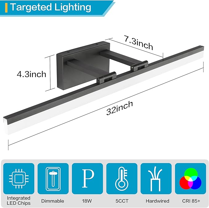 SOLFART 31.5 Inch 5 Color Adjustable Vanity Lights Over Mirror Vanity Lighting Fixtures for Bath Matt Black Bathroom Light Fixtures Over Mirror Black Led Modern Light Bar 5CCT