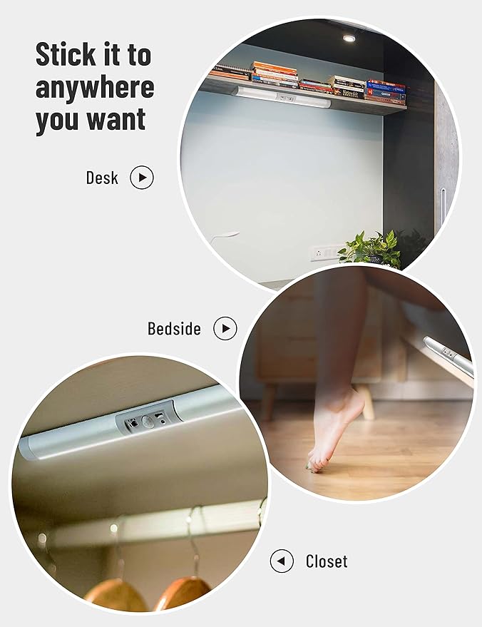 Joyzy 2 Pack Motion Sensor Closet Lighting with Eye Protection Design Automatic Closet Lights Battery Operated Pantry Light Wireless Lightings, LED Rechargeable Counter Lighting for Wardrobe Cabinet