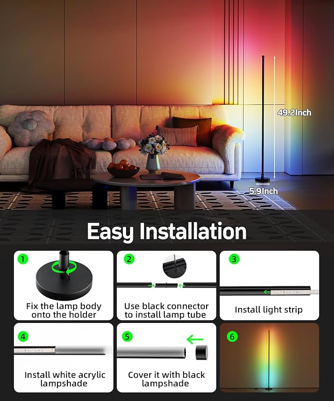 Smart RGB LED Corner Floor Lamp, Standing Lamp with Music Sync and 16M+ DIY Colors, Remote & App Control, Color Changing Ambient Lighting, Floor Lamps for Living Room, Bedroom and Party(2 Pack)