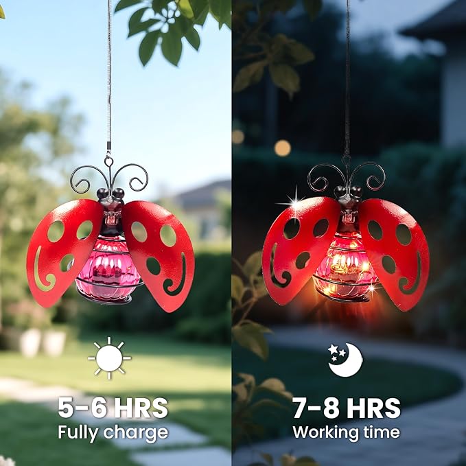 4-in-1 Solar Hanging Lights LED Outdoor Garden Decor Light Waterproof Powered Unique Decorations for Sister Birthday Gardening Gifts for Mom Women Backyard Yard Path Front Porch Balcony