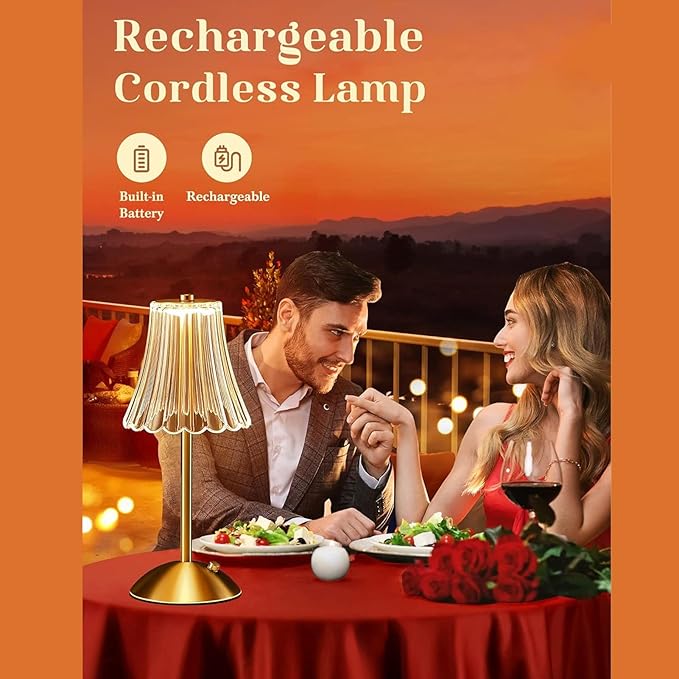 Fockety Cordless, Vintage 3 Colors Dimmable USB LED Desk Lamp, 1200mAh Rechargeable Touch Control Table Light Bedside Night Lamp for Home Couple Dinner Restaurant Bedroom Cafe