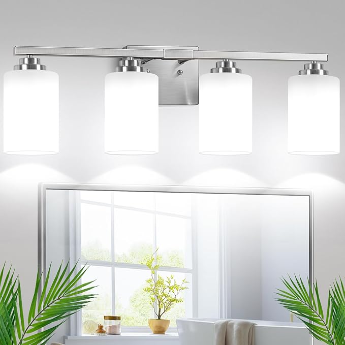 Brushed Nickel 4-Light Bathroom Light Fixtures, 27" Modern Vanity Lights Over Mirror with Milky White Frosted Glass Shade, Classic Wall Light Fixture for Mirror Living Room Cabinet Bedroom Porch