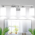 Brushed Nickel 4-Light Bathroom Light Fixtures, 27" Modern Vanity Lights Over Mirror with Milky White Frosted Glass Shade, Classic Wall Light Fixture for Mirror Living Room Cabinet Bedroom Porch