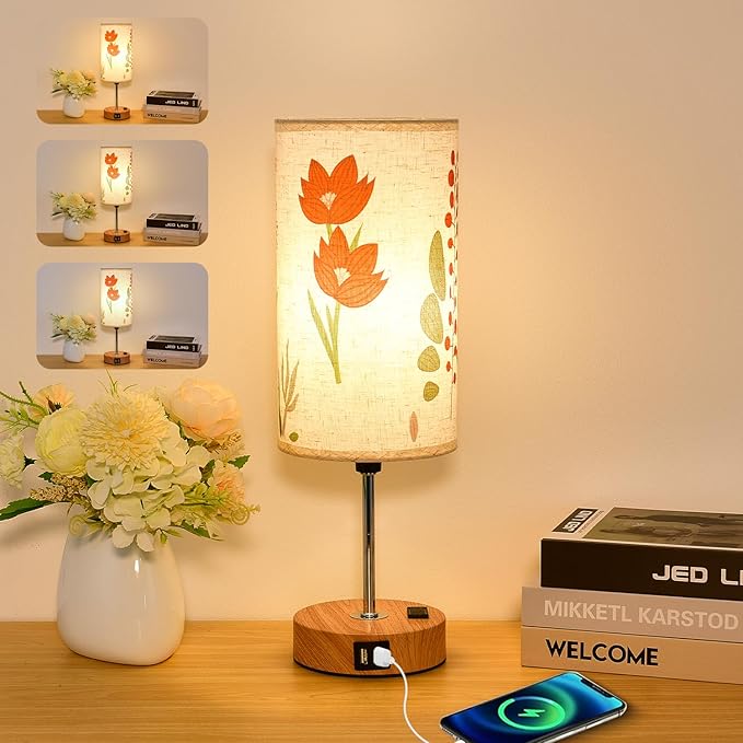 Flower Touch Table Lamp,3-Way Dimmable Bedside Lamps with USB Port and Outlet,Cute Lamp with Wood Grain Base,Vintage Lamp for Bedroom,Room Decor,flower1