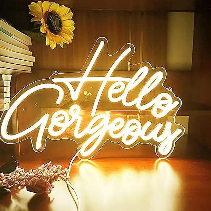 Hello Gorgeous LED Neon Sign Light Up Glow Signs USB Powered for Home Room Wall Birthday Party Wedding Decor Bar Backdrop, Hanging and Dimmable Switch