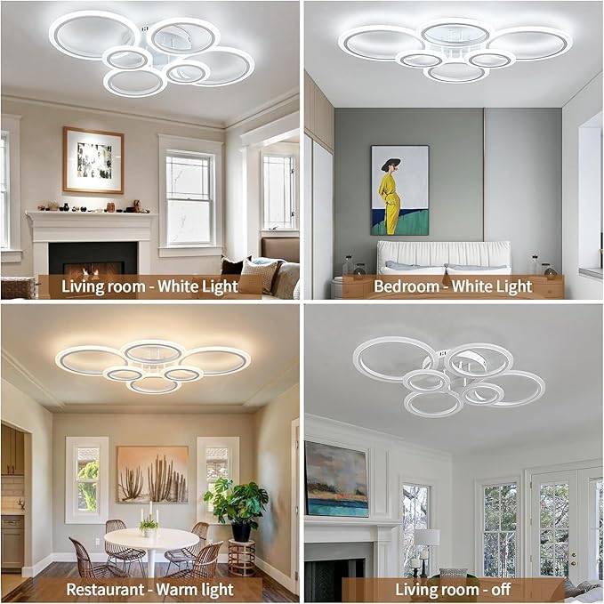 60W Modern LED Ceiling Light Fixture, Dimmable LED Chandelier Flush Mount Ceiling Lights Remote Control 6 Acrylic Ring Ceiling Lamp Fixture for Living Room Dining Room Bedroom, 7640LM